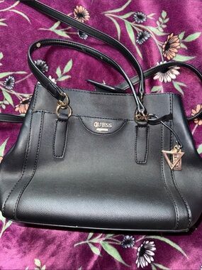 GUESS Los Angeles Black Pebbled Handbag with Gold Hardware Triangle Charm